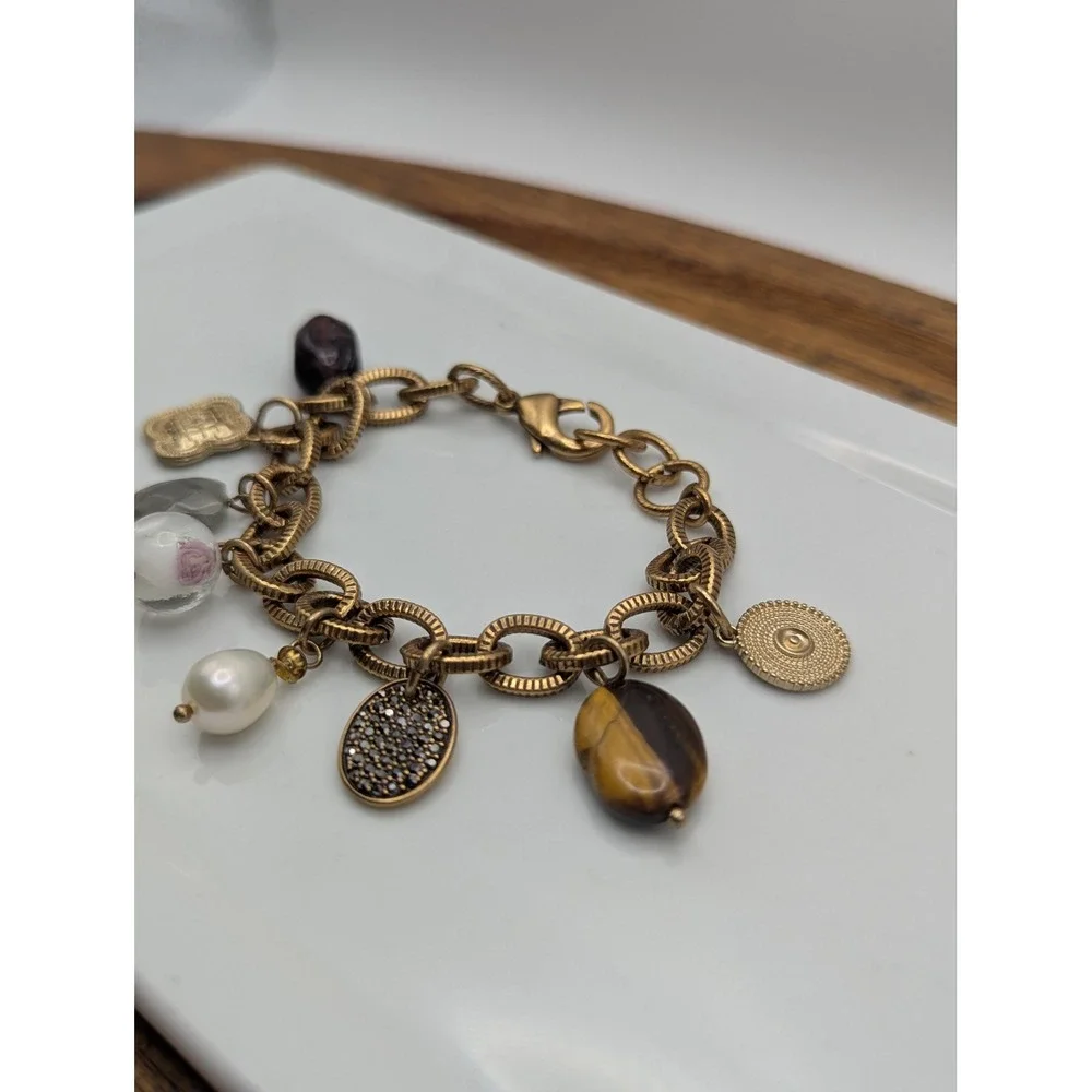 Unbranded Charm Bracelet Women OS Gold Mixed Stone Pearl Floral Boho Eclectic